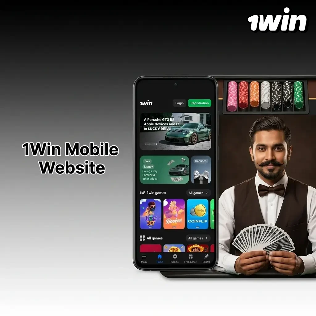 1Win mobile website interface showing responsive design with sports betting and casino games on a smartphone browser