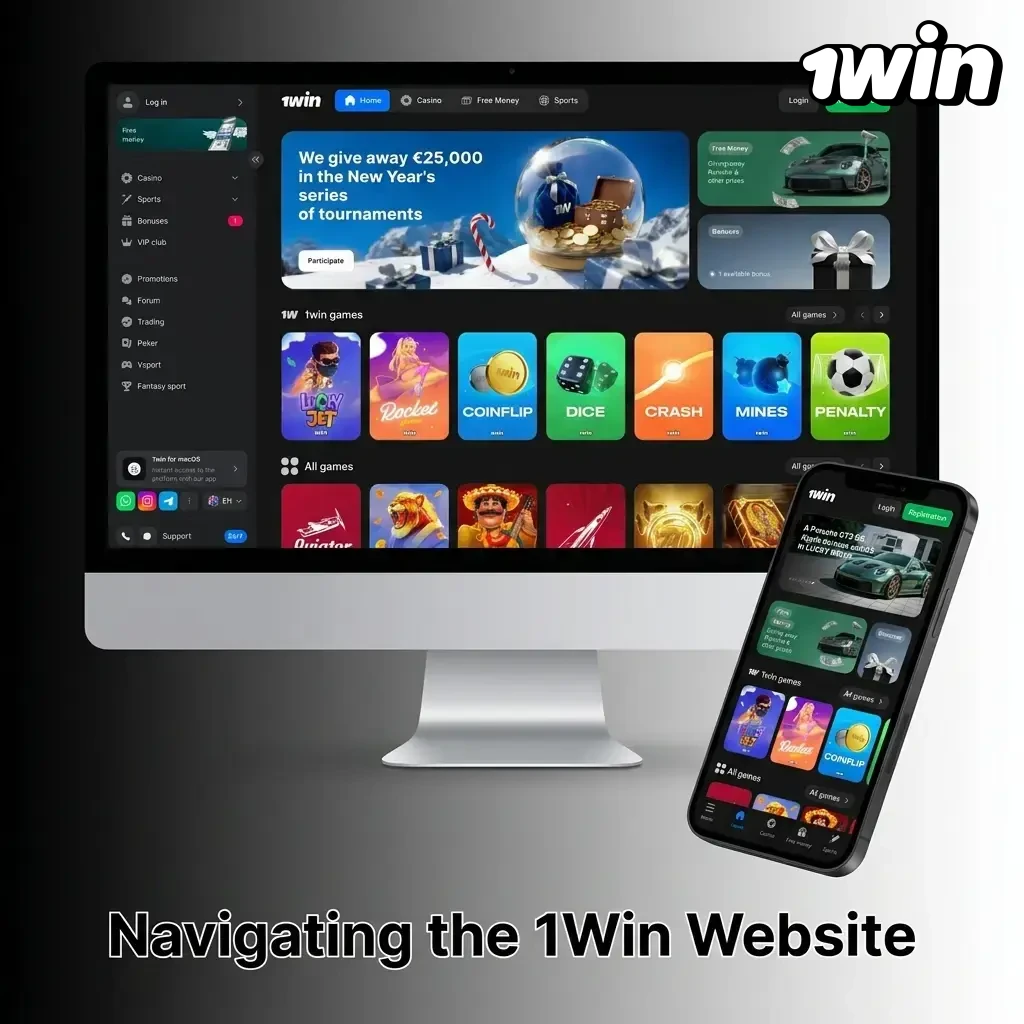 1Win website homepage showing top navigation bar with Sports Betting, Casino, Live Casino, Cybersports and Promotions links
